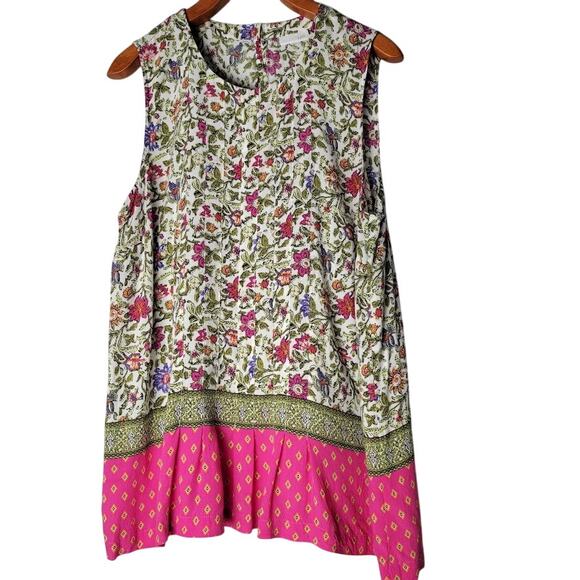 J. Jill Sleeveless Floral Blouse M Rayon Scoop Neck Pink Hem Boho Summer Top - Picture 1 of 9